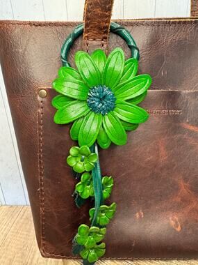 Leather Purse Charm Genuine Leather Green Flower Bag Charm NEW FAST SHIP